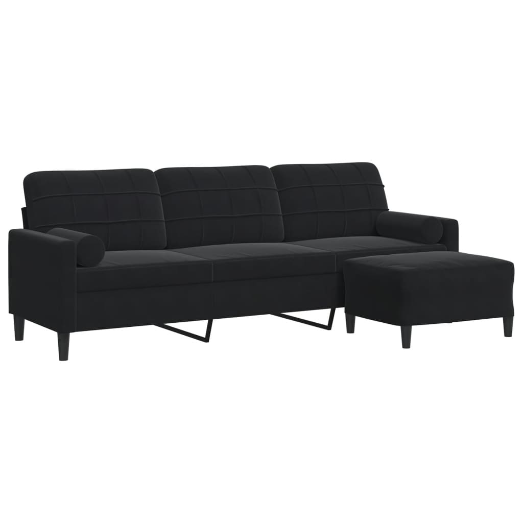 Canapea cu 3 locuri și taburet, negru, 210 cm, catifea GartenMobel Dekor