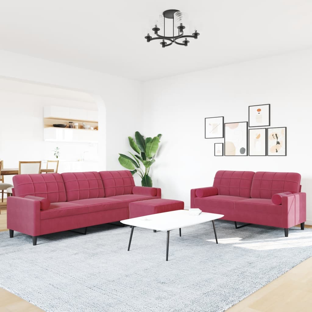 Set canapea cu perne/rulouri, 3 piese, roșu vin, catifea GartenMobel Dekor