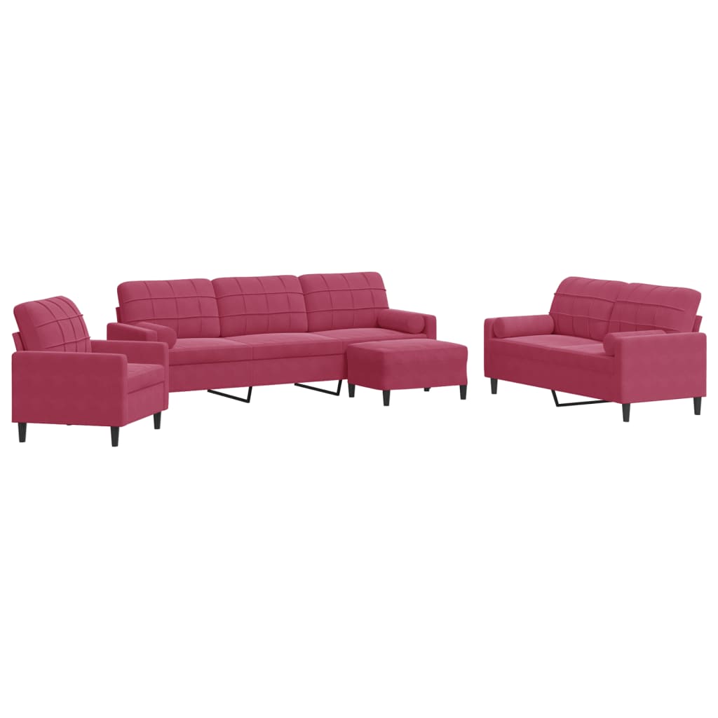 Set canapea cu perne/rulouri, 4 piese, roșu vin, catifea GartenMobel Dekor