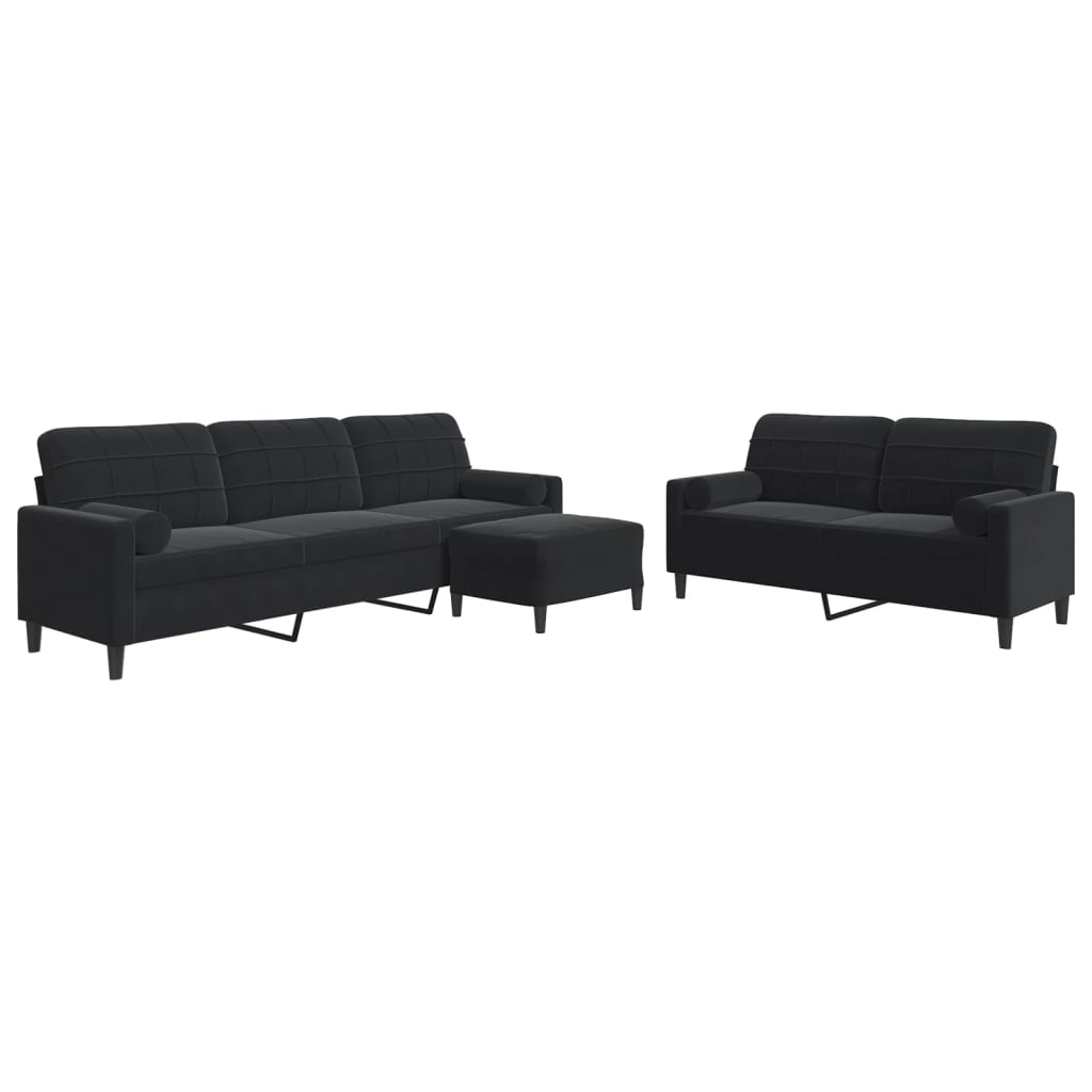 Set de canapele cu perne/rulouri, 3 piese, negru, catifea GartenMobel Dekor