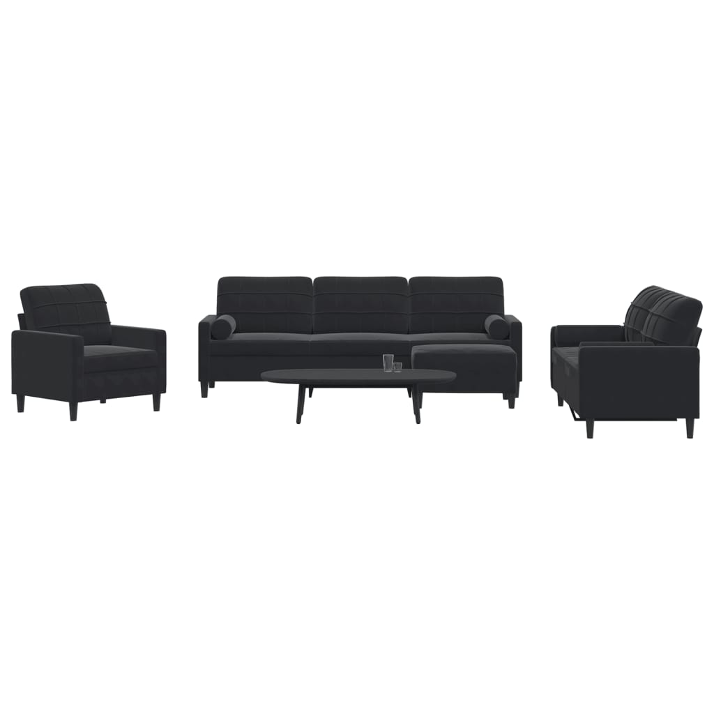 Set de canapele cu perne/rulouri, 4 piese, negru, catifea GartenMobel Dekor
