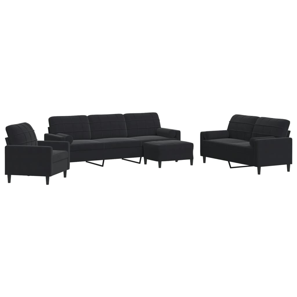 Set de canapele cu perne/rulouri, 4 piese, negru, catifea GartenMobel Dekor