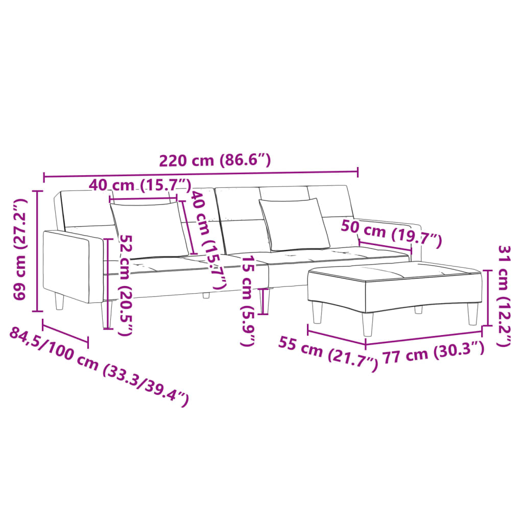 Canapea extensibilă cu taburet, 2 locuri, gri deschis, textil GartenMobel Dekor