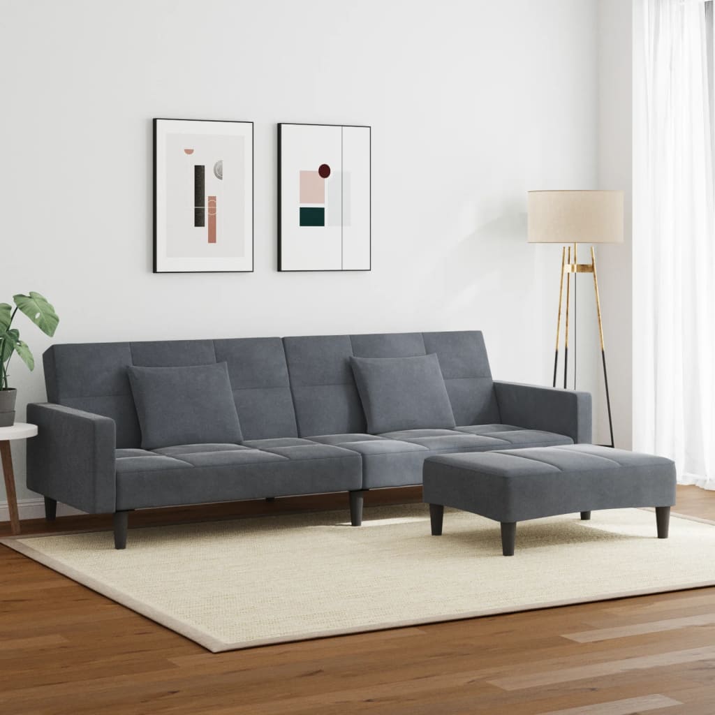 Canapea extensibilă cu taburet, 2 locuri, gri închis, catifea GartenMobel Dekor