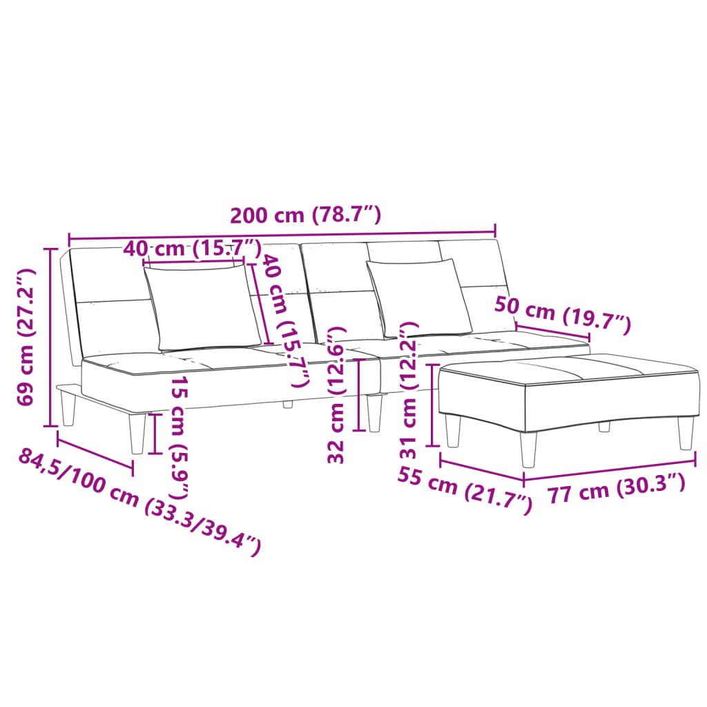 Canapea extensibilă cu taburet, 2 locuri, gri închis, catifea GartenMobel Dekor