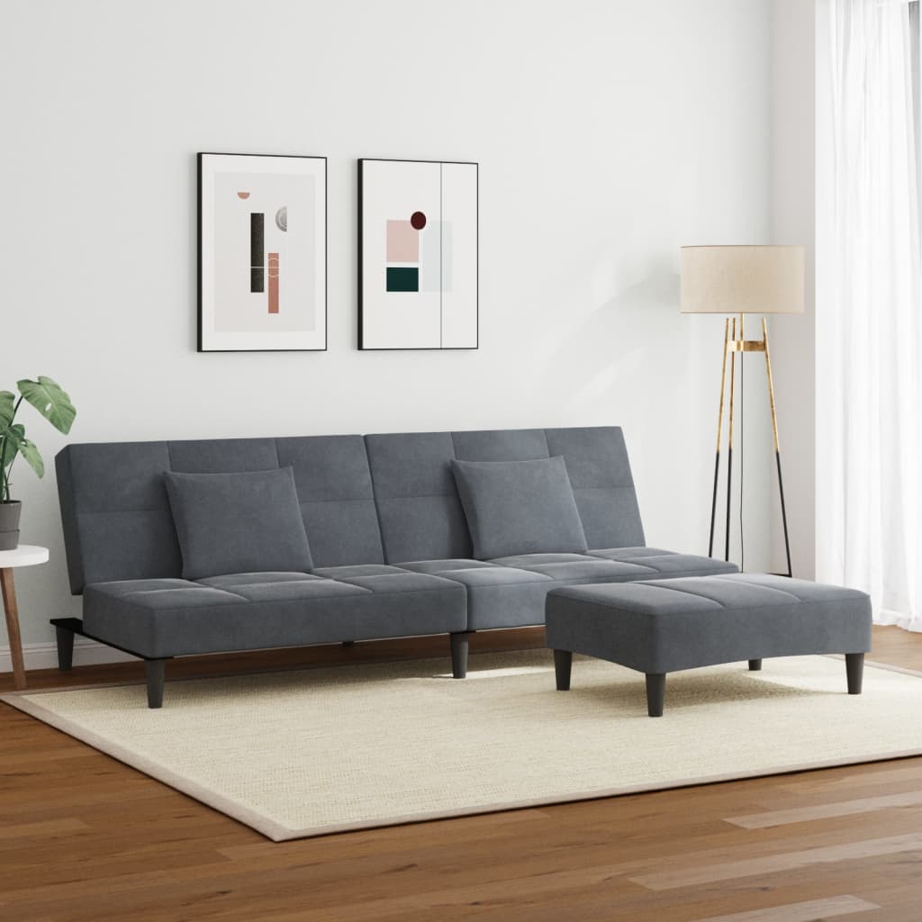 Canapea extensibilă cu taburet, 2 locuri, gri închis, catifea GartenMobel Dekor