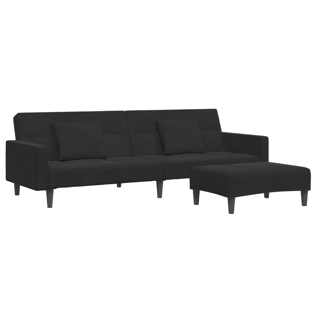 Canapea extensibilă cu taburet, 2 locuri, negru, catifea GartenMobel Dekor
