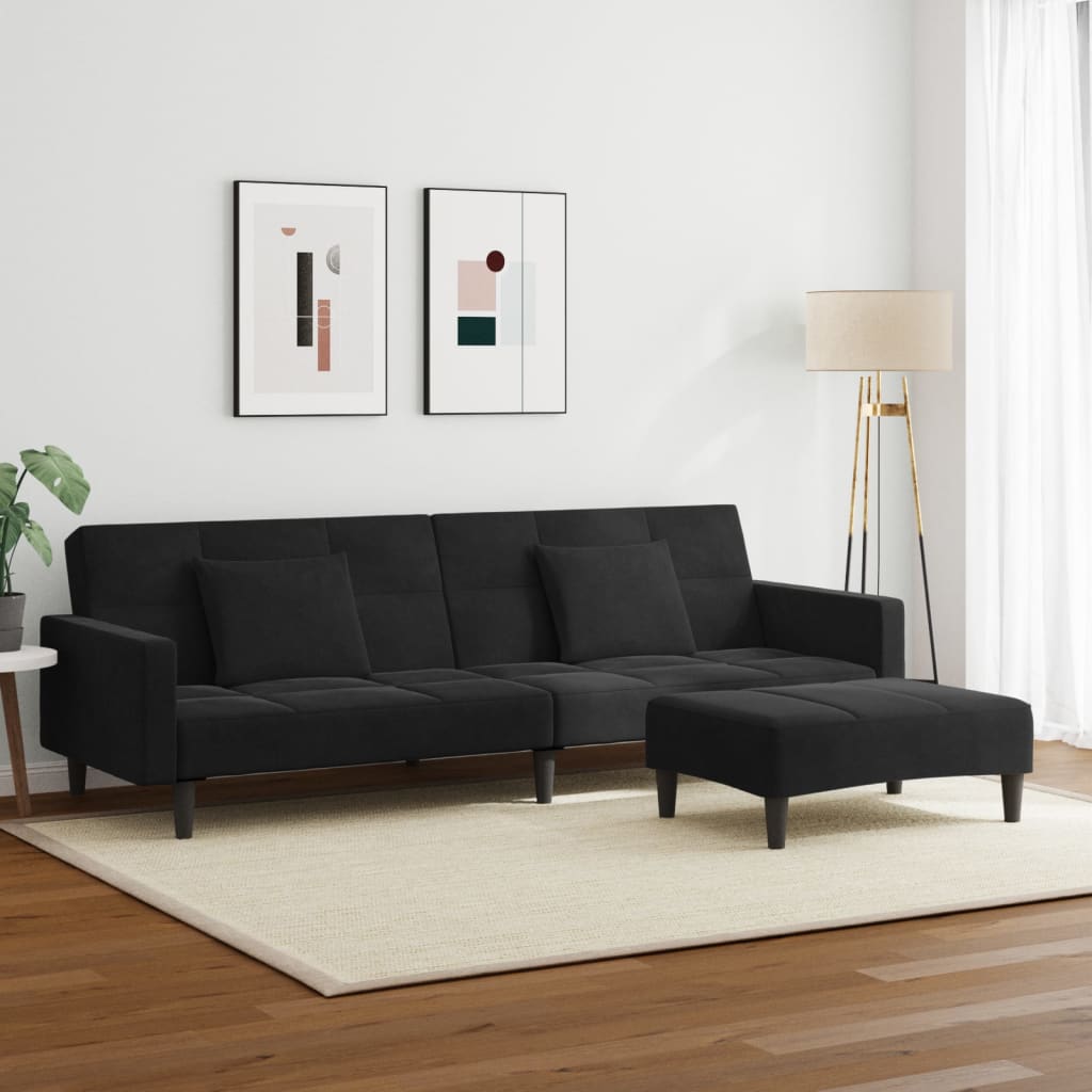 Canapea extensibilă cu taburet, 2 locuri, negru, catifea GartenMobel Dekor