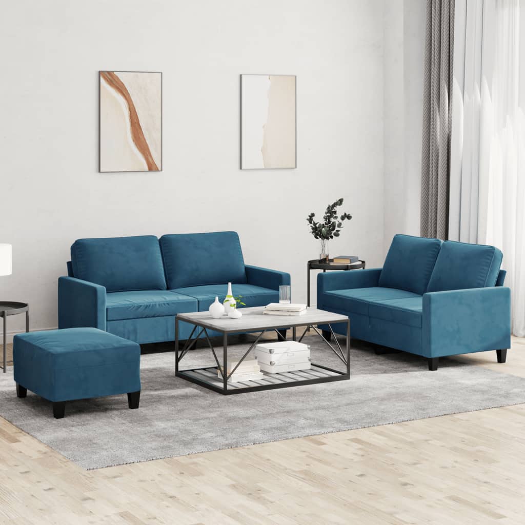 Set de canapele cu perne, 3 piese, albastru, catifea GartenMobel Dekor