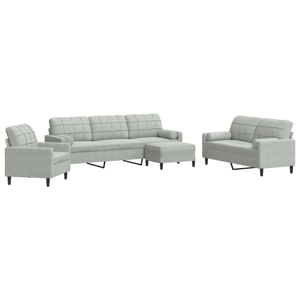 Set de canapele cu perne/rulouri, 4 piese, gri deschis, catifea GartenMobel Dekor