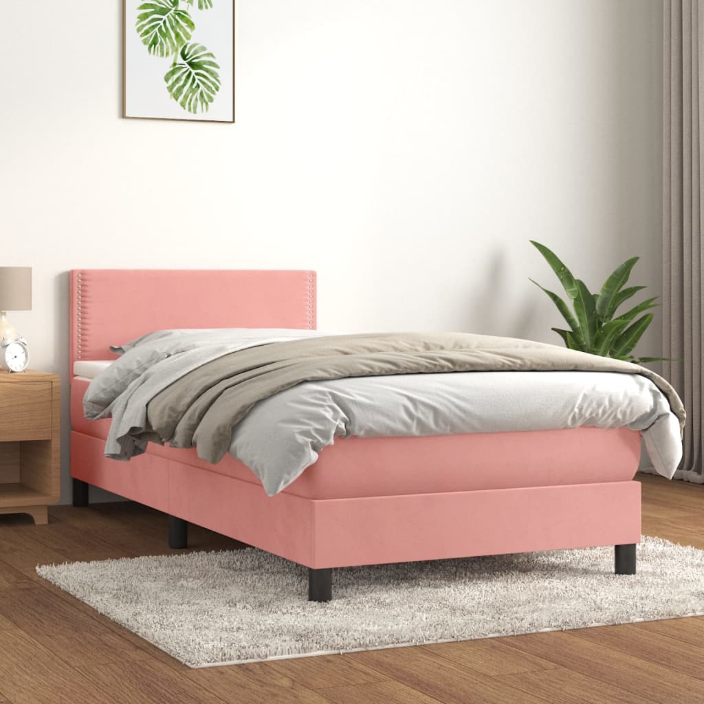 Pat box spring cu saltea, roz, 100x200 cm, catifea GartenMobel Dekor