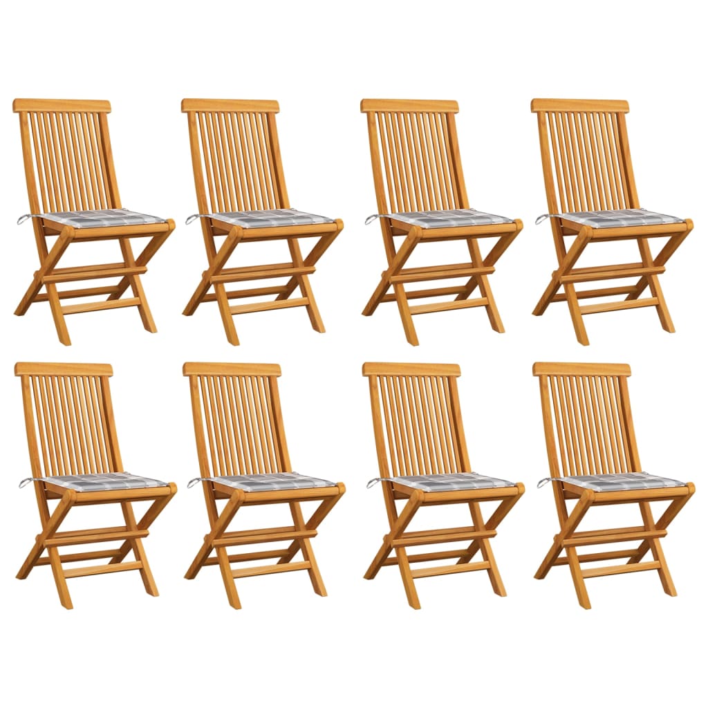 Scaune de grădină, perne gri carouri, 8 buc., lemn masiv tec GartenMobel Dekor