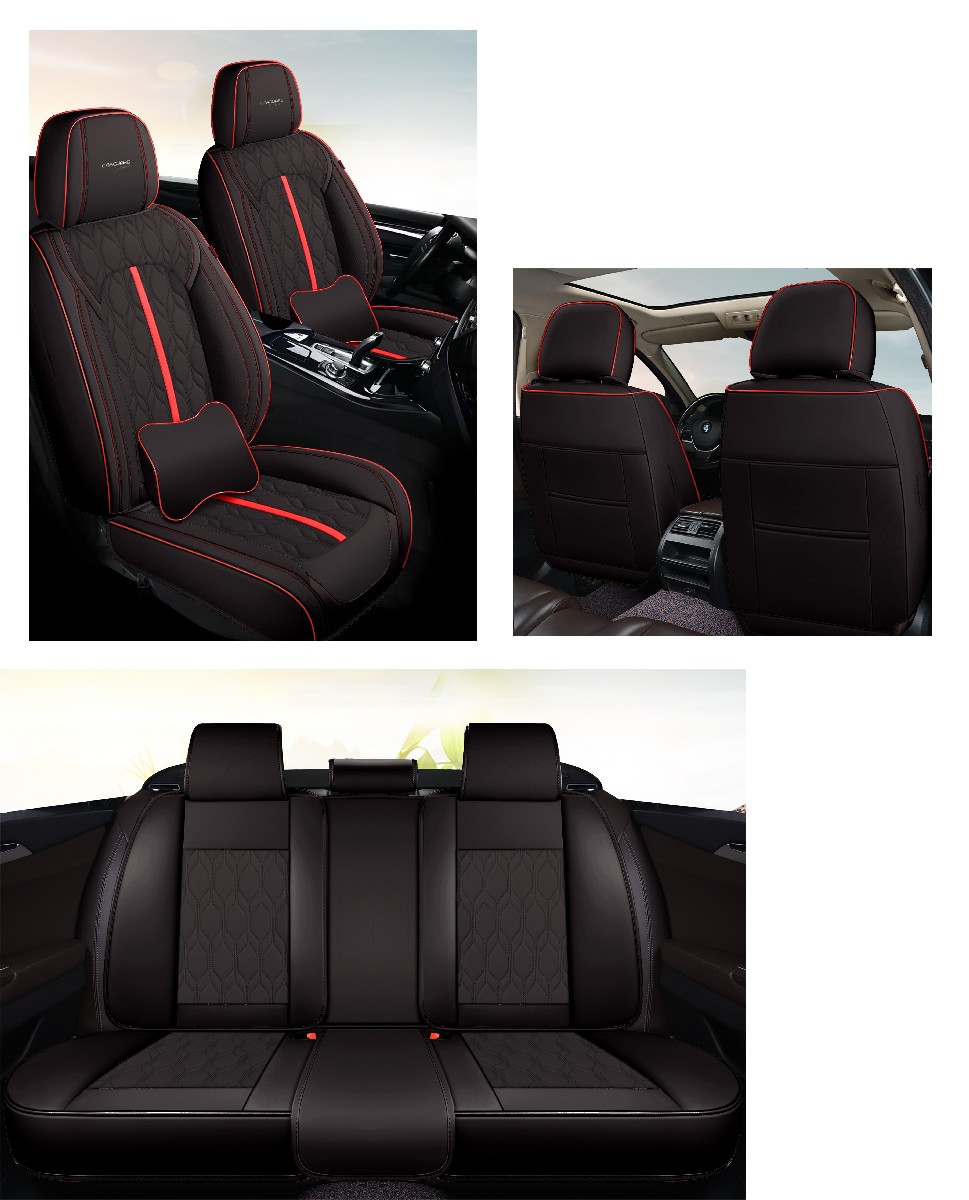 Huse auto premium 5 locuri Carguard Deluxe piele ecologică perforată - negru - rosu Best CarHome