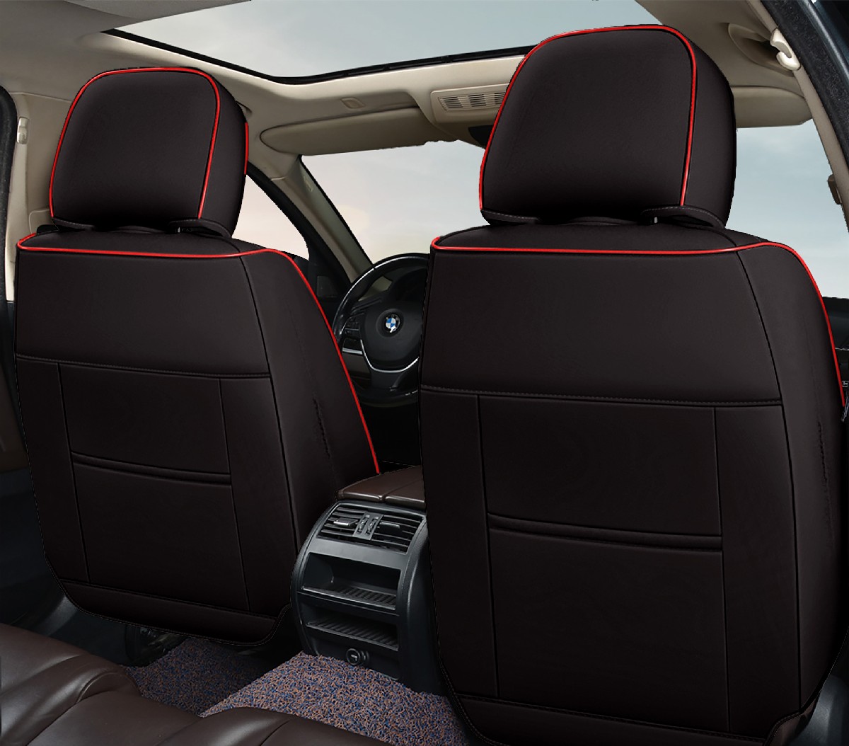 Huse auto premium 5 locuri Carguard Deluxe piele ecologică perforată - negru - rosu Best CarHome