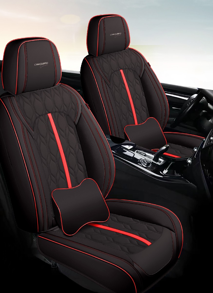 Huse auto premium 5 locuri Carguard Deluxe piele ecologică perforată - negru - rosu Best CarHome