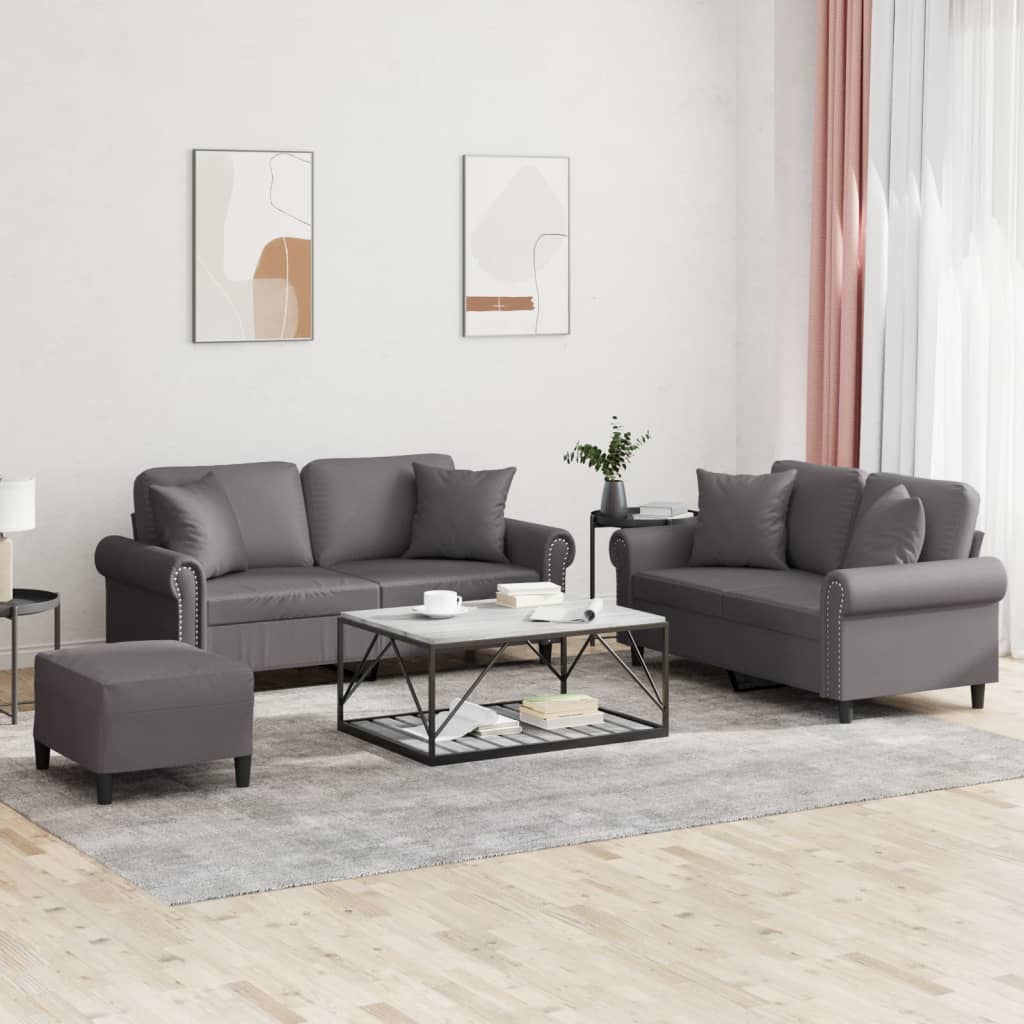Set de canapele cu perne, 3 piese, gri, piele ecologică GartenMobel Dekor
