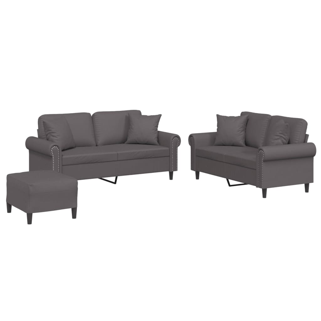 Set de canapele cu perne, 3 piese, gri, piele ecologică GartenMobel Dekor