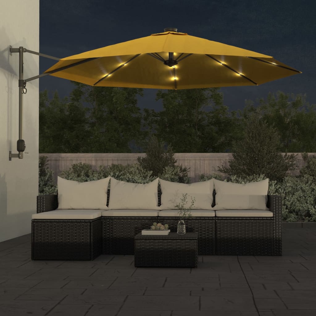 Umbrelă de soare montată pe perete, cu LED-uri, galben, 290 cm GartenMobel Dekor