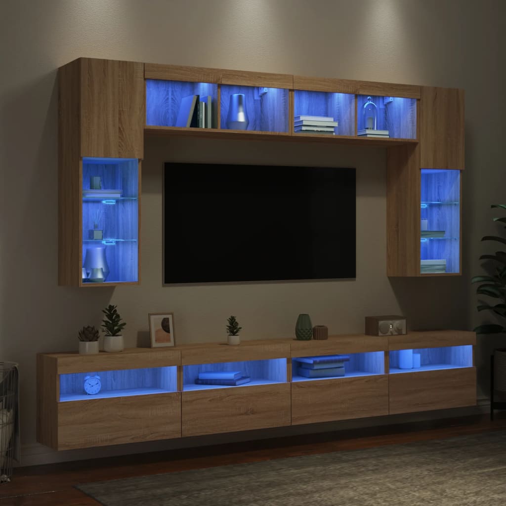 Comode TV de perete cu lumini LED, 8 piese, stejar sonoma GartenMobel Dekor