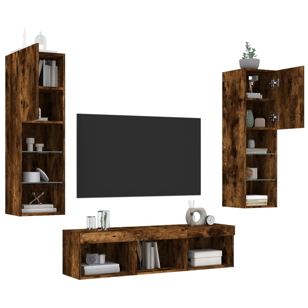 Unități de perete TV cu LED-uri, 5 piese, stejar fumuriu, lemn GartenMobel Dekor
