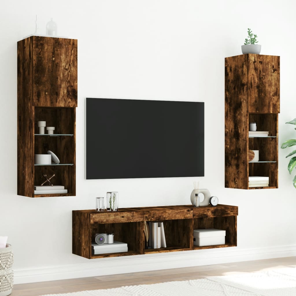 Unități de perete TV cu LED-uri, 5 piese, stejar fumuriu, lemn GartenMobel Dekor