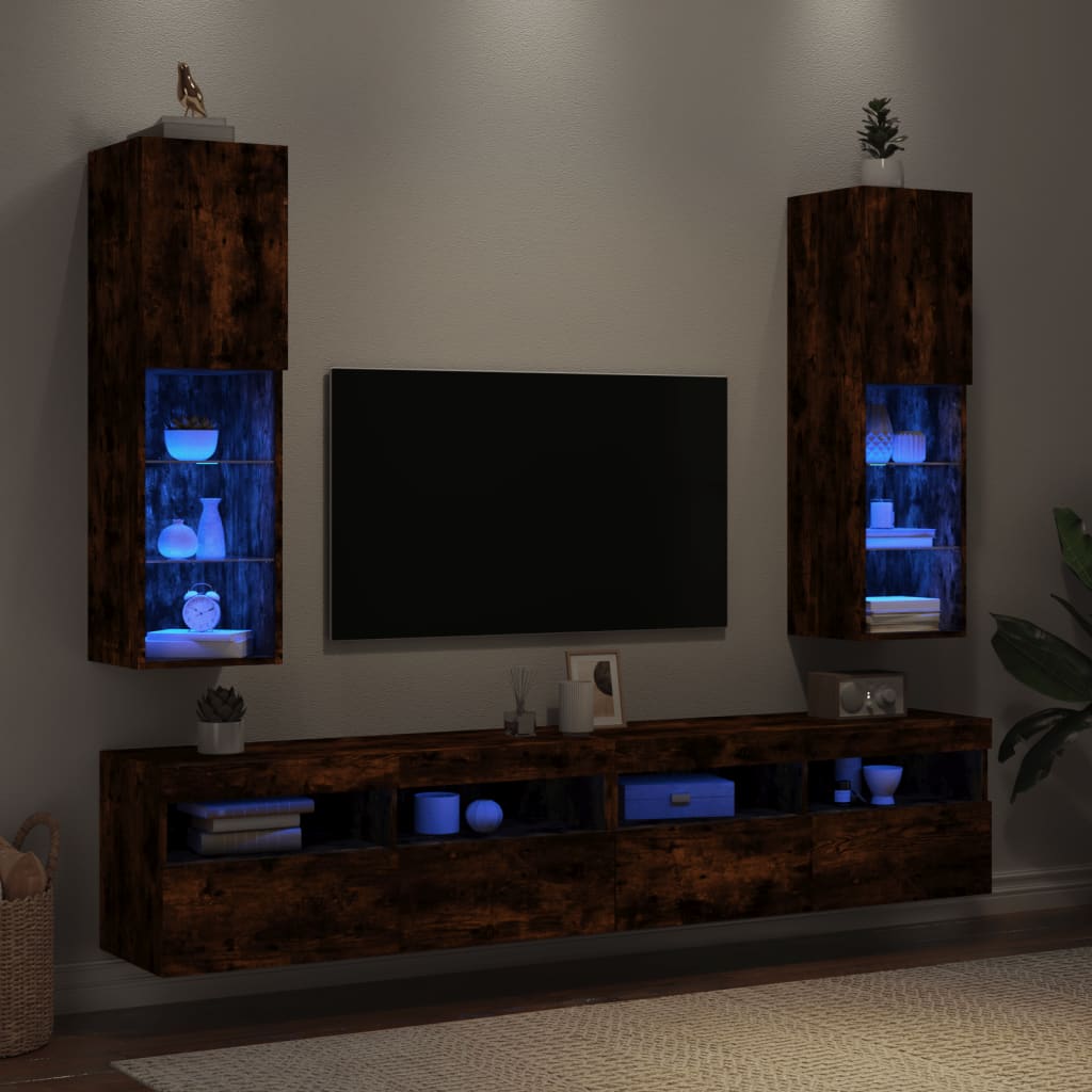 Comode TV cu lumini LED, 2 buc., stejar fumuriu, 30,5x30x102 cm GartenMobel Dekor