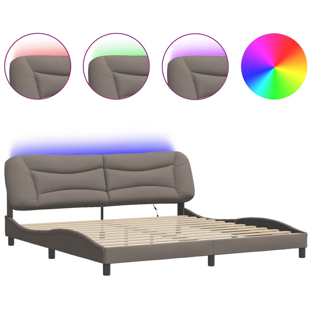 Cadru de pat cu lumini LED, gri taupe, 200x200 cm, textil GartenMobel Dekor