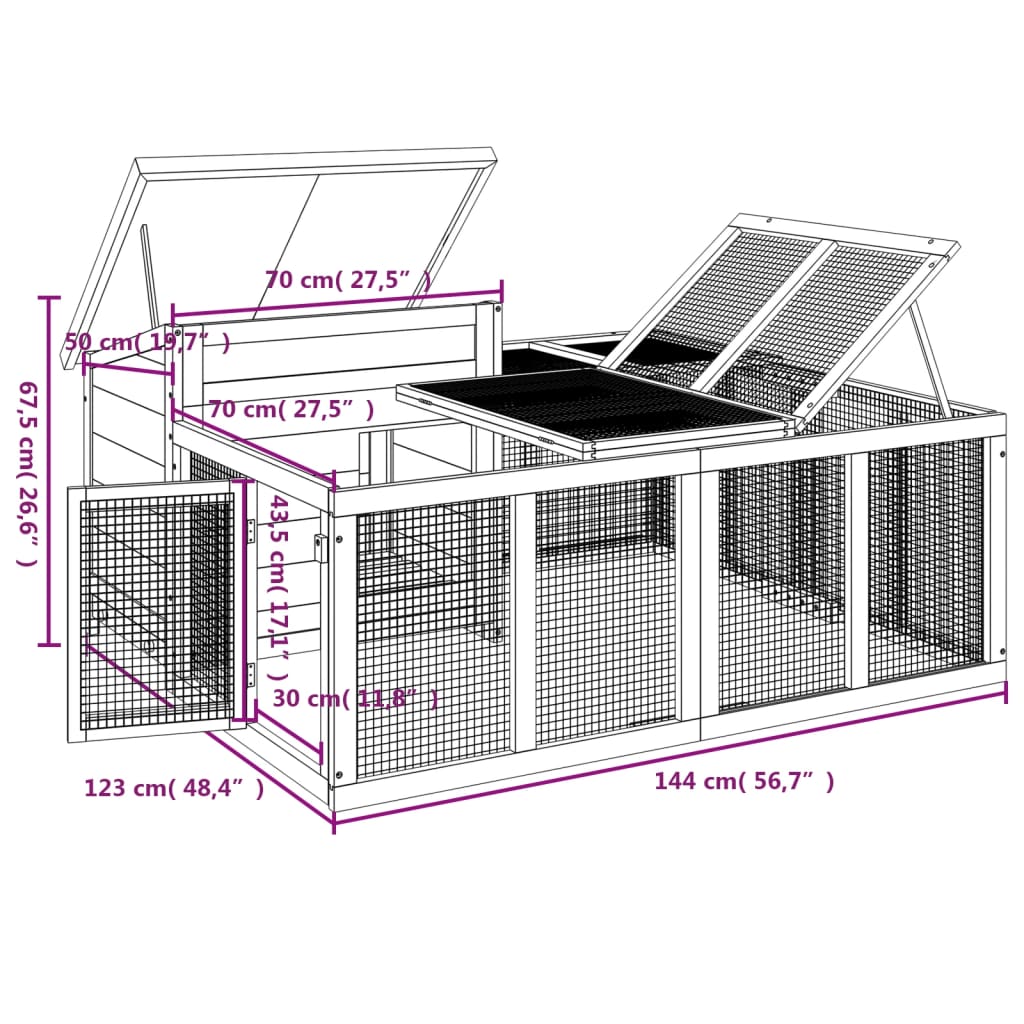 Cușcă pentru iepuri gri 144x123x67,5 cm din lemn masiv de pin GartenMobel Dekor