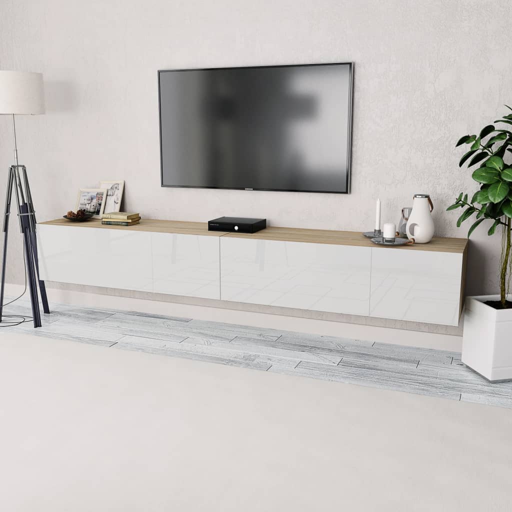 Comode TV, 2 buc, PAL, 120x40x34 cm, alb lucios și stejar GartenMobel Dekor