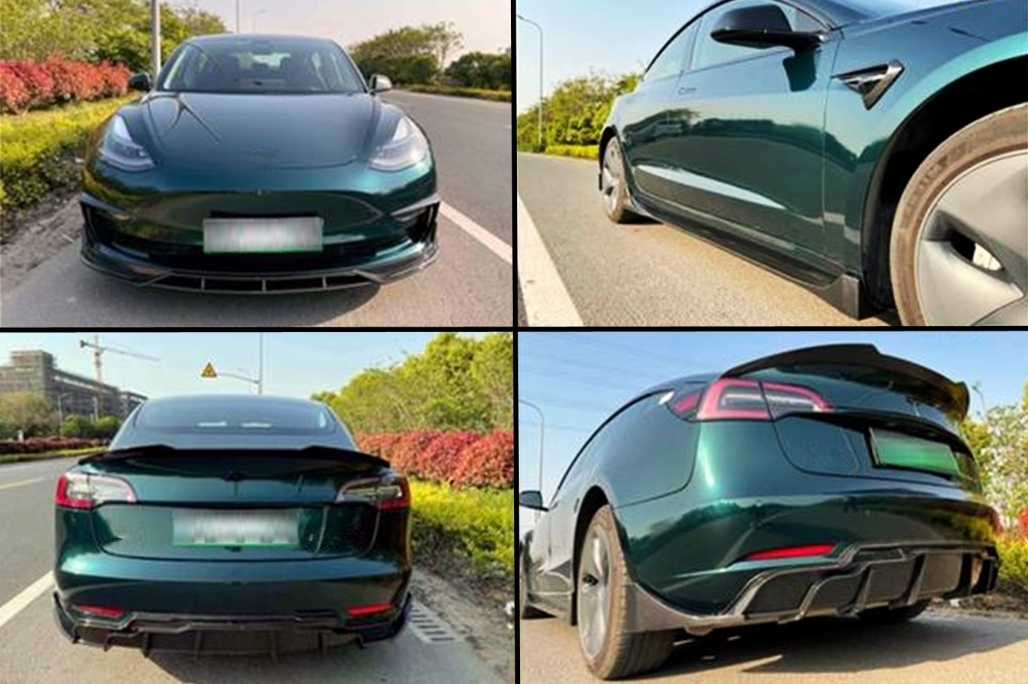 Pachet Exterior Complet de Extensii Tesla Model 3 (2017-up) Prelungire Bara Fata cu Difuzor de aer si Eleron Negru Lucios Performance AutoTuning