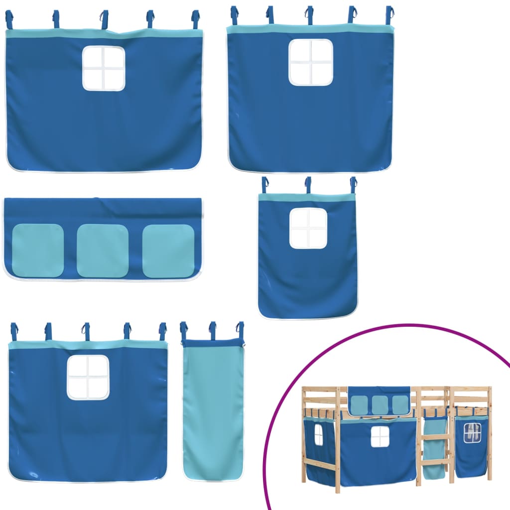 Pat etajat de copii cu perdele, blå, 80x200 cm, lemn masiv pin GartenMobel Dekor