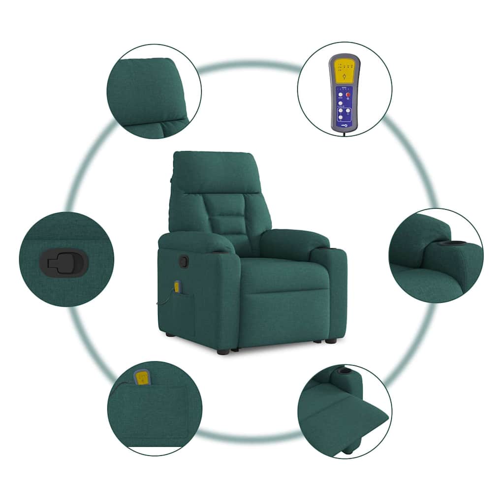 Fotoliu rabatabil de masaj, cu ridicare, verde închis, textil GartenMobel Dekor