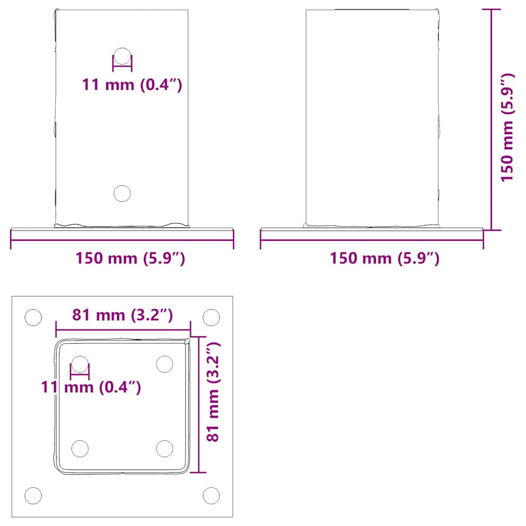 Baze stâlp pătrate 4 buc Argintiu 81x81 mm Oțel galvanizat GartenMobel Dekor