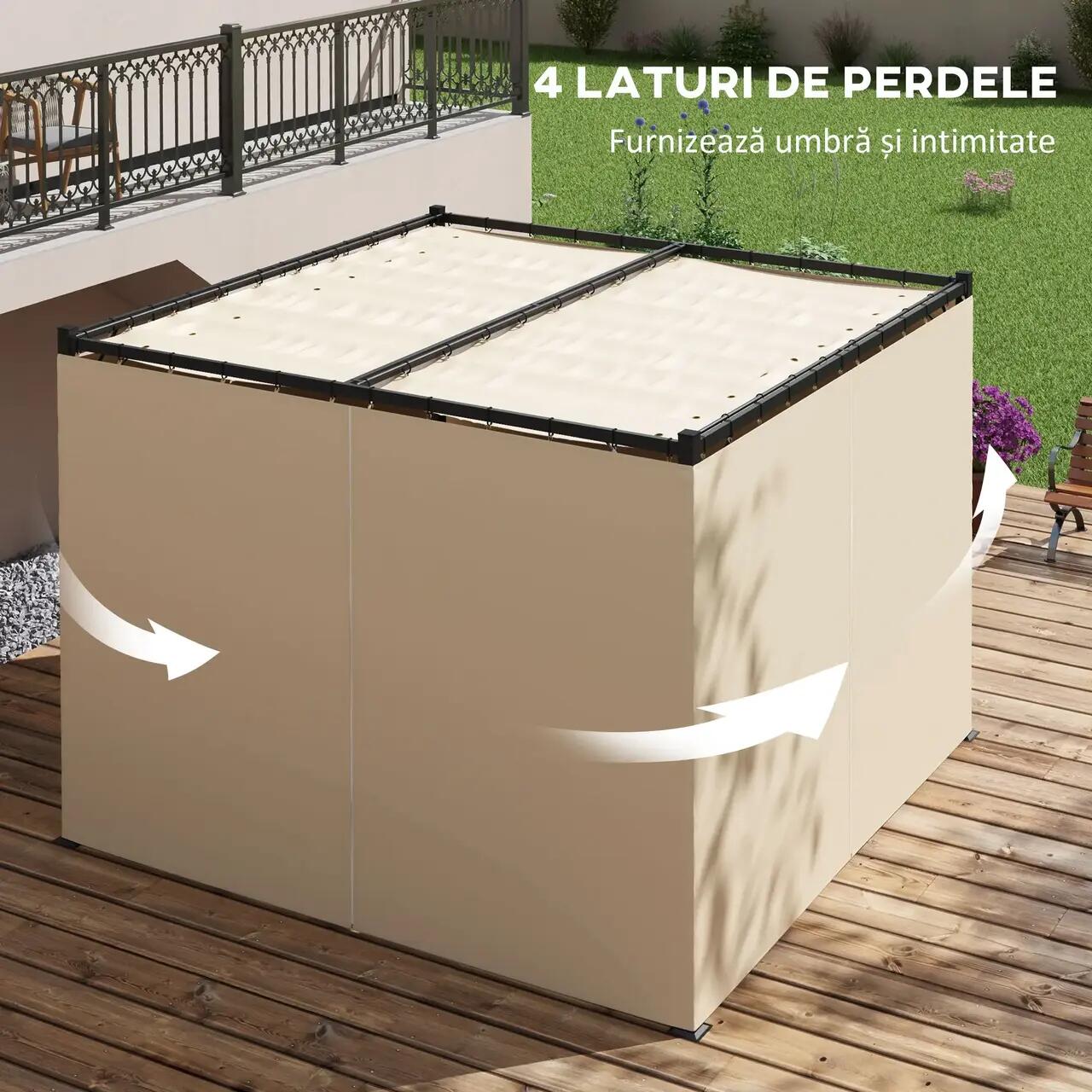 Pergola pentru gradina/terasa, retractabila, cu perdele, cadru metalic, negru si bej, 3x3x2.27 m GartenVIP DiyLine