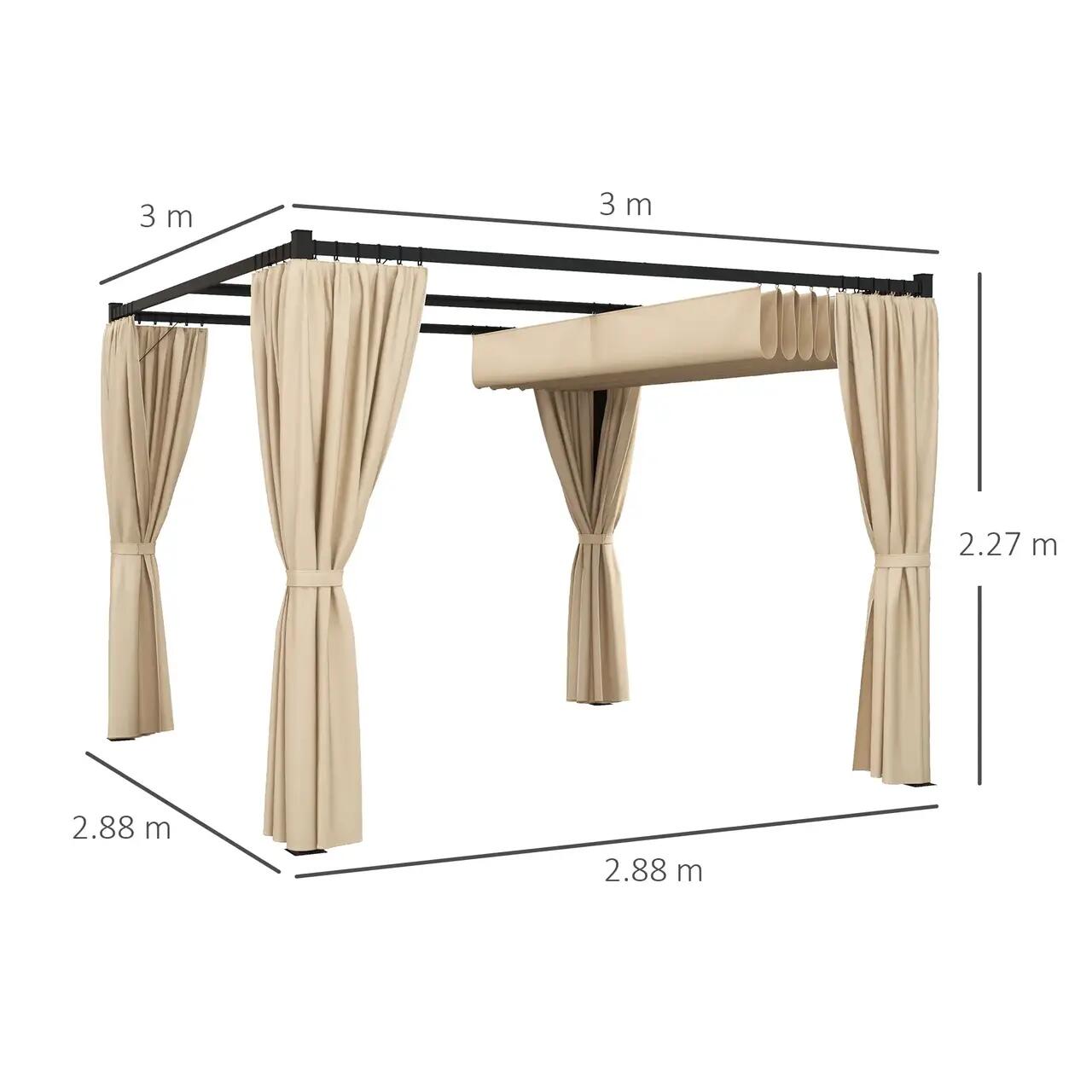 Pergola pentru gradina/terasa, retractabila, cu perdele, cadru metalic, negru si bej, 3x3x2.27 m GartenVIP DiyLine