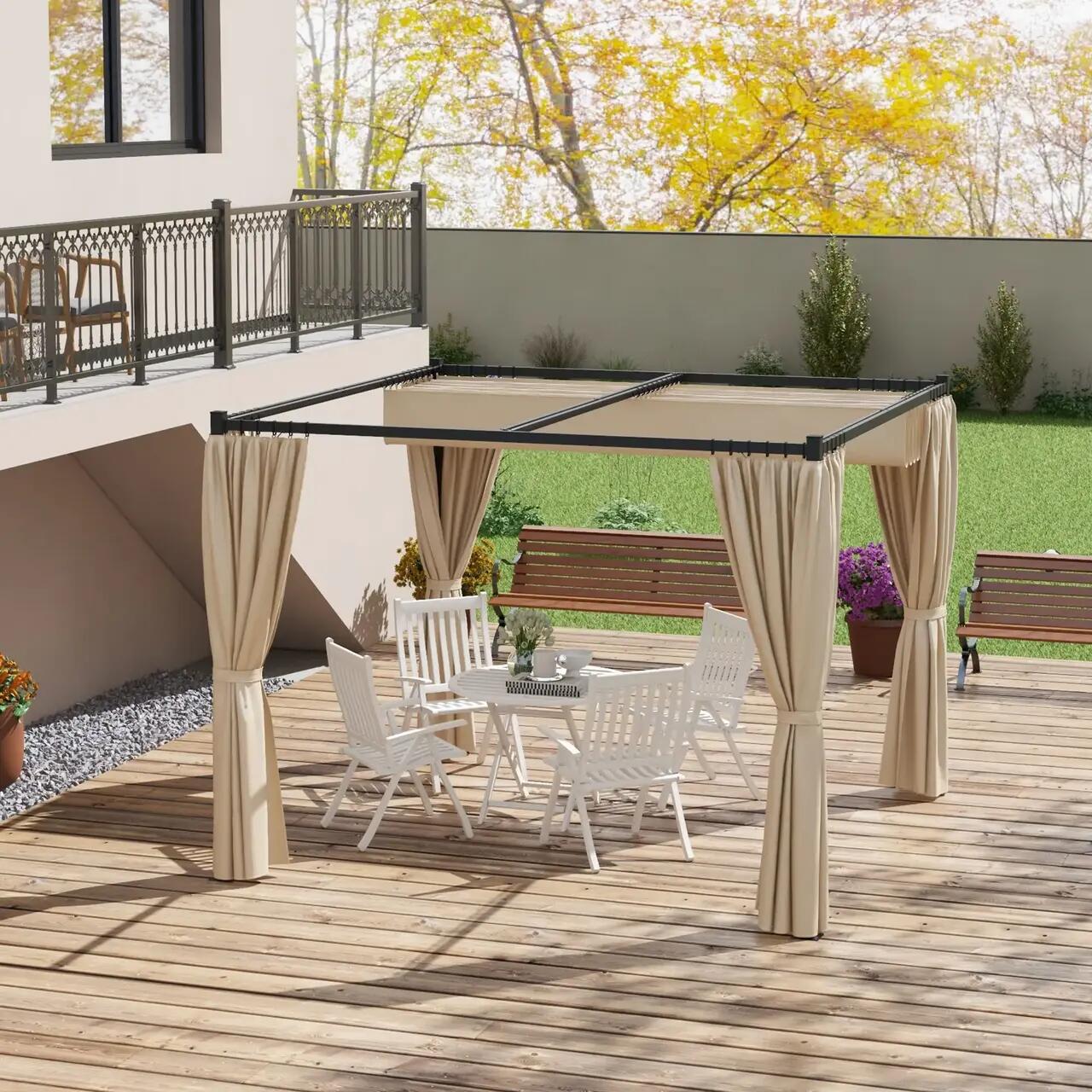 Pergola pentru gradina/terasa, retractabila, cu perdele, cadru metalic, negru si bej, 3x3x2.27 m GartenVIP DiyLine