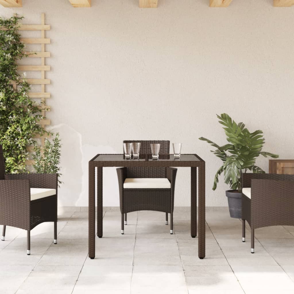 Masă de grădină cu blat din sticlă, maro, 90x90x75cm, poliratan GartenMobel Dekor