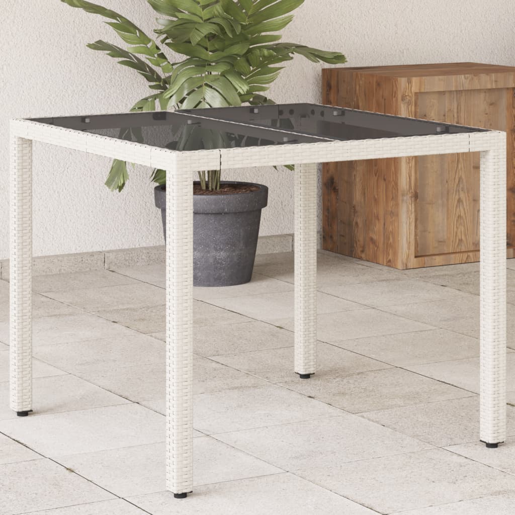 Masă grădină cu blat din sticlă, alb, 90x90x75 cm, poliratan GartenMobel Dekor