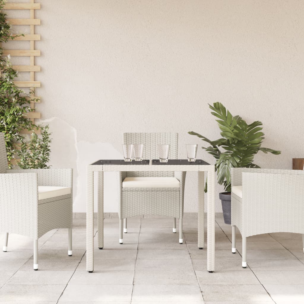 Masă grădină cu blat din sticlă, alb, 90x90x75 cm, poliratan GartenMobel Dekor