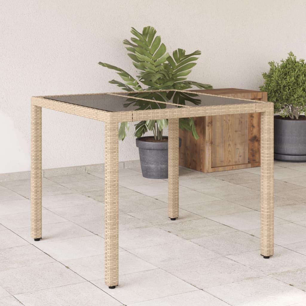 Masă grădină cu blat din sticlă, bej, 90x90x75 cm, poliratan GartenMobel Dekor