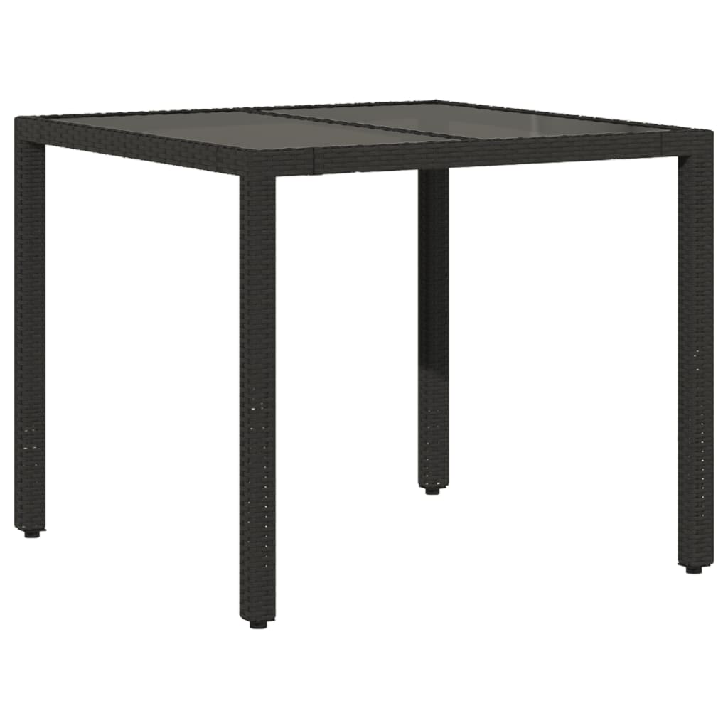 Masă grădină cu blat din sticlă, negru, 90x90x75 cm, poliratan GartenMobel Dekor