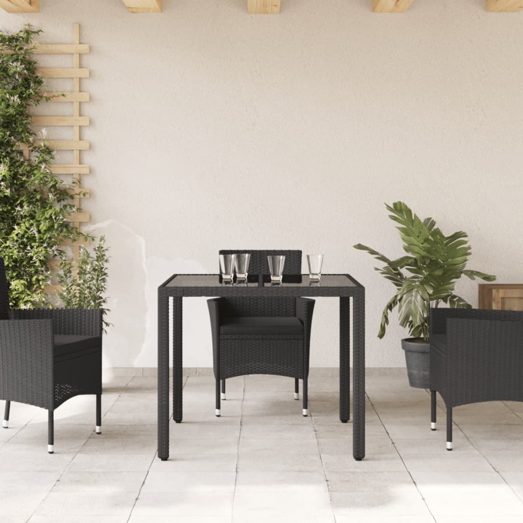Masă grădină cu blat din sticlă, negru, 90x90x75 cm, poliratan GartenMobel Dekor