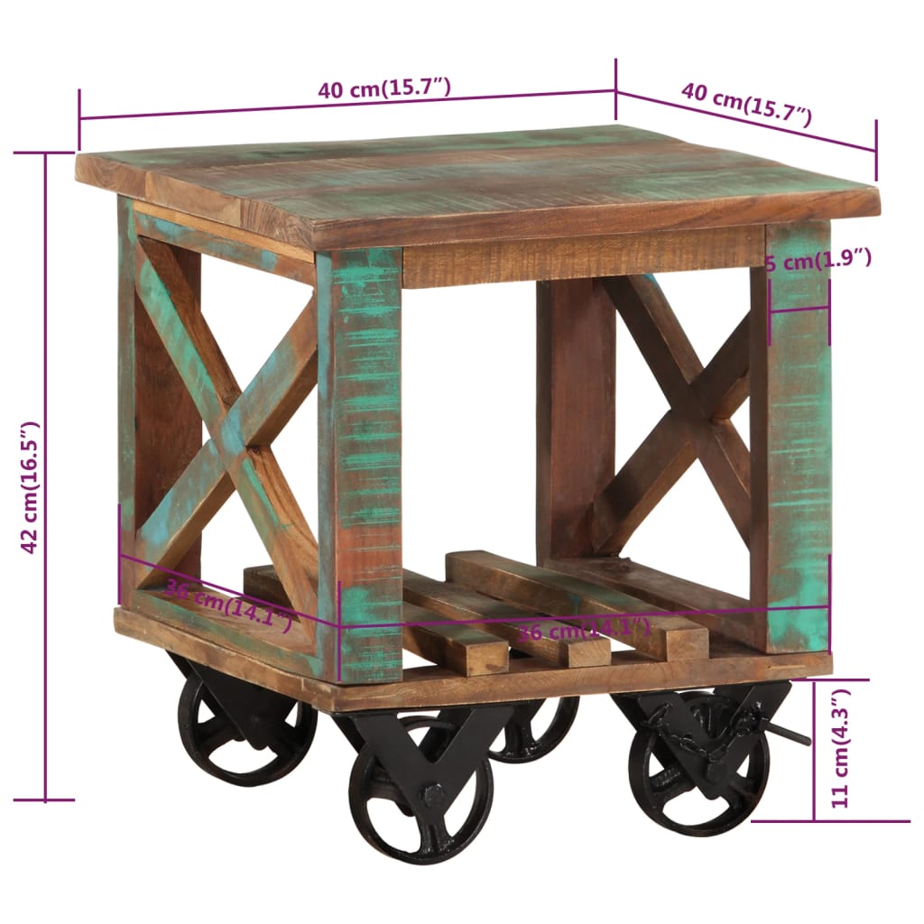 Masă laterală cu roți, 40x40x42 cm, lemn masiv reciclat GartenMobel Dekor