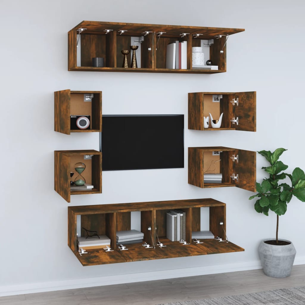 Set dulap TV, 8 piese, stejar fumuriu, lemn prelucrat GartenMobel Dekor