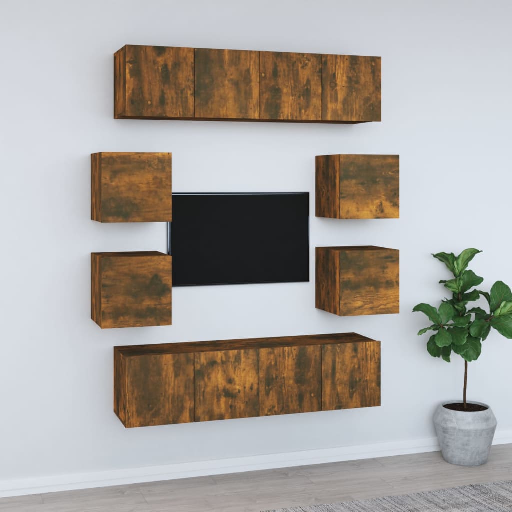 Set dulap TV, 8 piese, stejar fumuriu, lemn prelucrat GartenMobel Dekor
