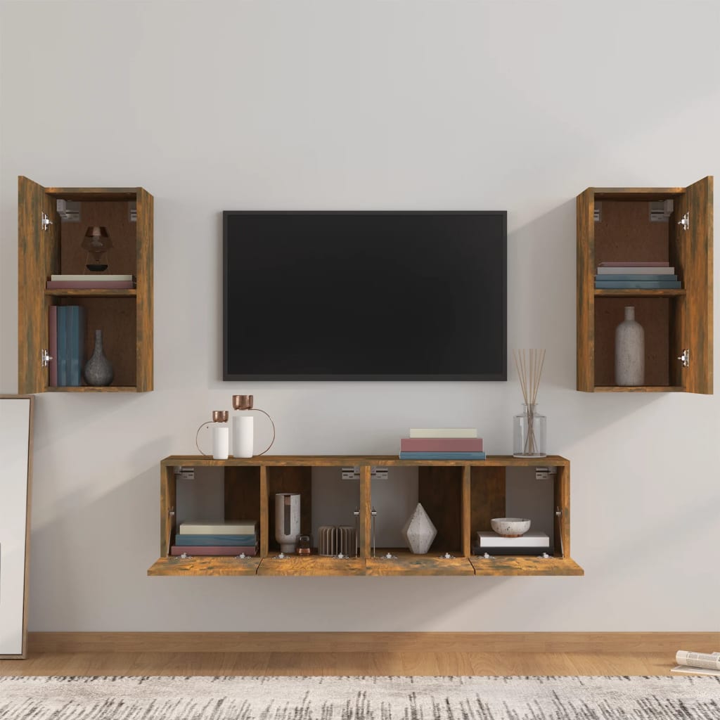Set dulapuri TV, 4 piese, stejar fumuriu, lemn prelucrat GartenMobel Dekor