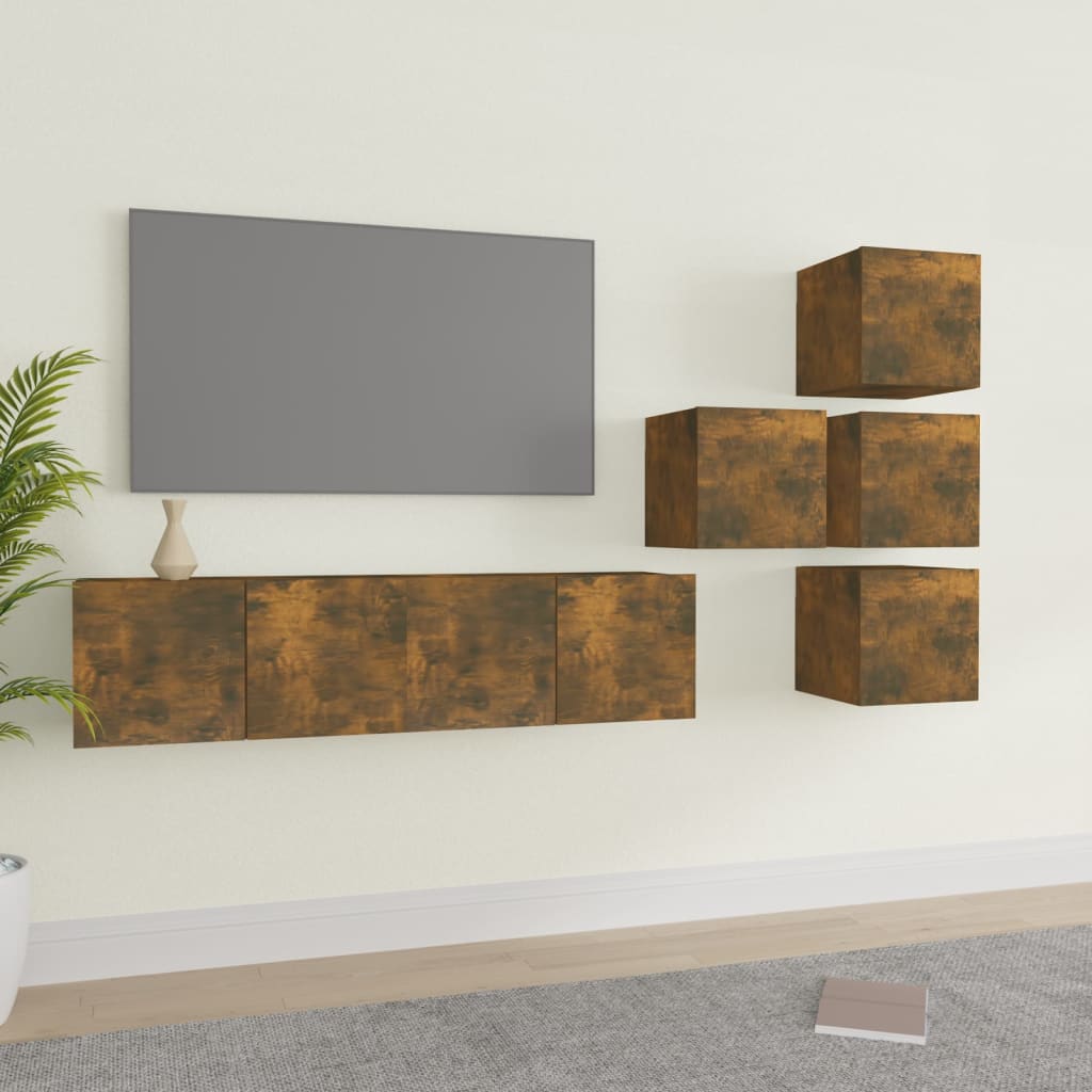 Set dulapuri TV, 6 piese, stejar fumuriu, lemn prelucrat GartenMobel Dekor