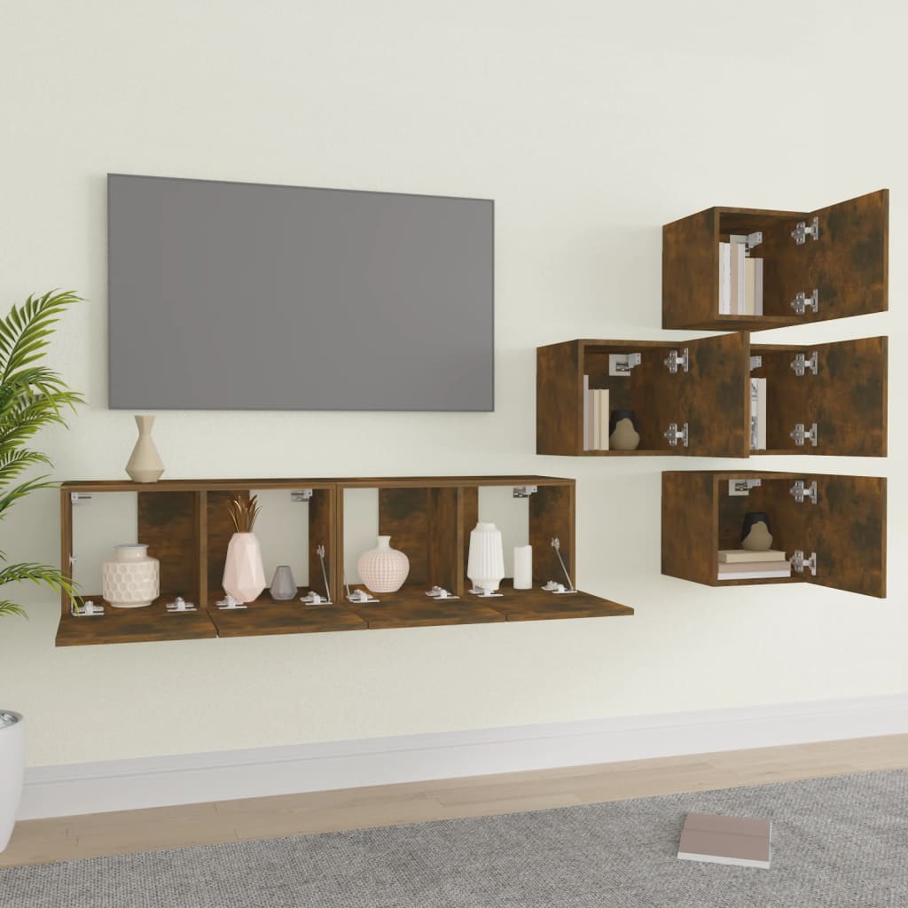 Set dulapuri TV, 6 piese, stejar fumuriu, lemn prelucrat GartenMobel Dekor