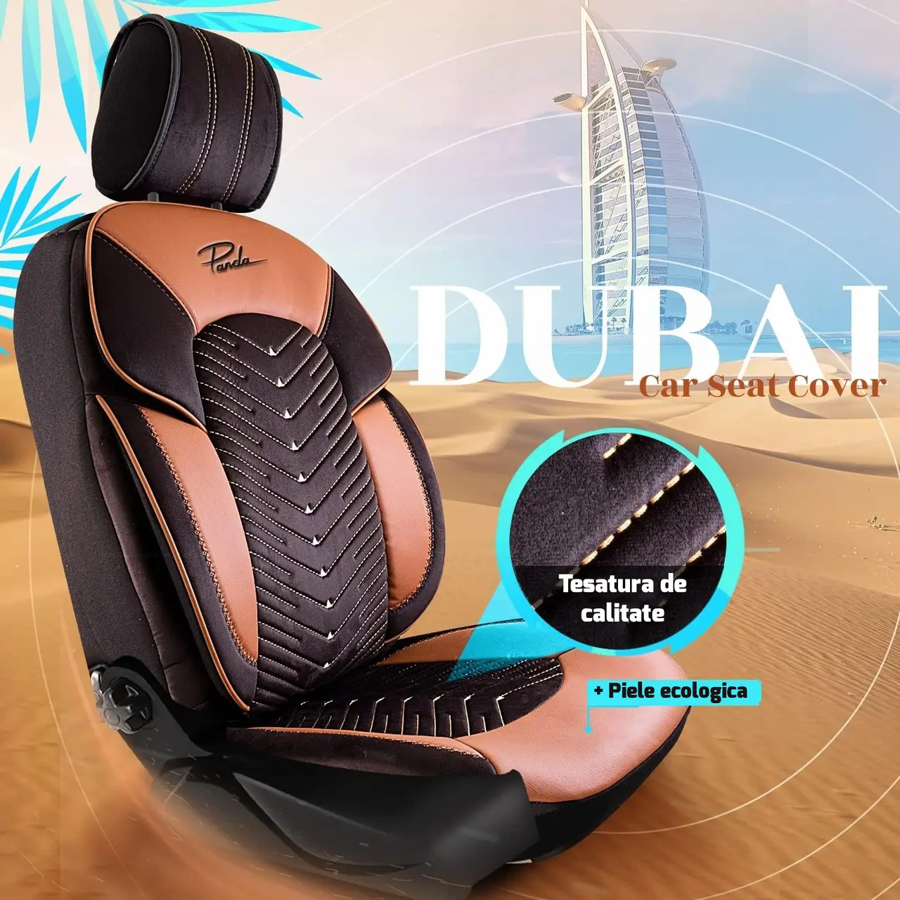Set Huse Scaune Auto Panda Dubai, material textil cu piele ecologica, cu fermoare pentru bancheta rabatabila, negru maro, 11 piese Automobile ProTravel