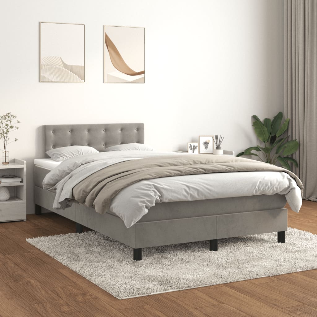 Pat box spring cu saltea, gri deschis, 120x190 cm, catifea GartenMobel Dekor
